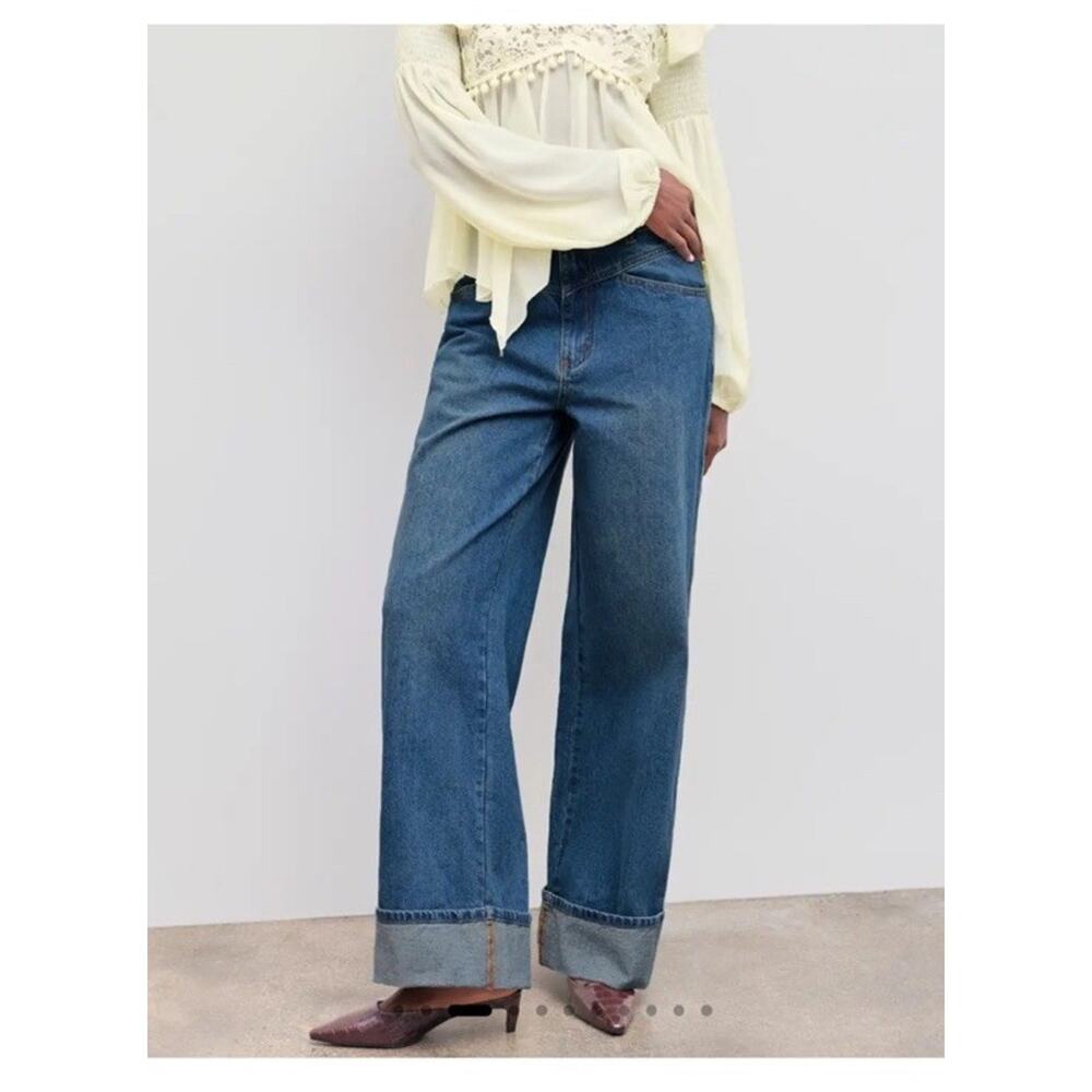 NEW CIDER Women's Blue Denim High-Rise Wide-Leg Baggy Jeans Size Small Cuff Hem